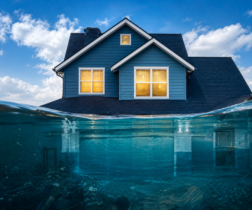 Flooded house with underwater view