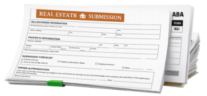 Real estate submission forms stacked with property information paperwork