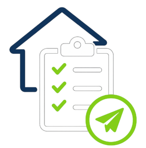 Home inspection checklist with green checkmarks and paper airplane icon