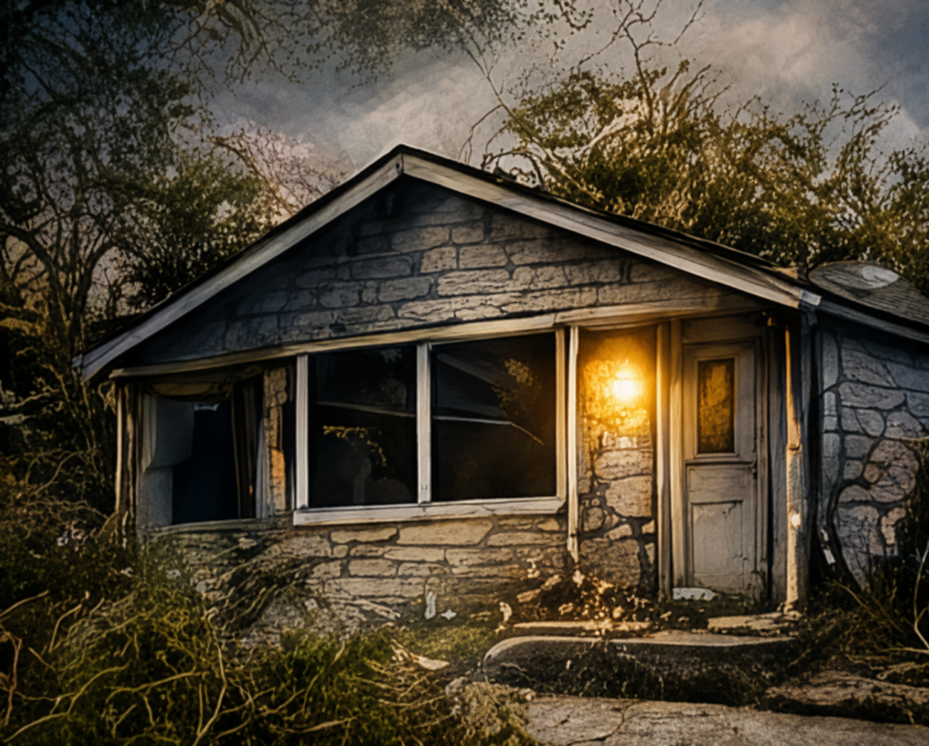 Abandoned stone house with warm porch light and overgrown bushes at dusk