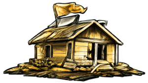 Illustration of an old distressed house with a small flag on the roof