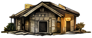 Illustration of a small rustic house with warm lighting