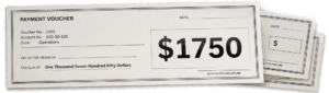 Payment voucher form showing a $1,750 amount with stacked finance documents
